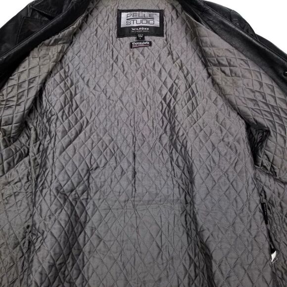 VINTAGE Wilsons Leather 90s Button Down Belted Wrap Coat Large Black Y2k 90s - Picture 6 of 7